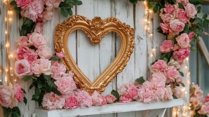 Golden heart shaped frame hanging on white wooden wall decorated with pink roses and string lights