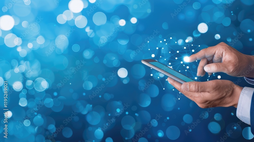 Poster hands using smartphone with glowing bokeh effects in background