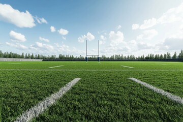 A minimalist depiction of an empty rugby field with no players, featuring clean lines and soft lighting, complemented by a realistic grass texture.
