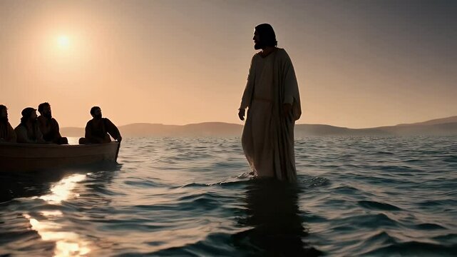 Jesus walking on water at sunset with disciples observing from a boat