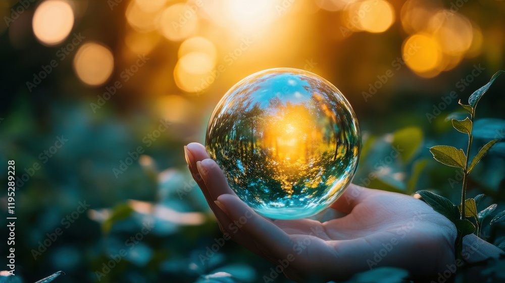 Aufkleber symbolic design of mutual fund representation with a crystal ball in a natural setting during sunris