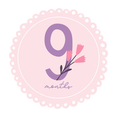Baby milestone card with flower for newborn girl 9 months. Baby shower print for special moments. Baby month anniversary card.