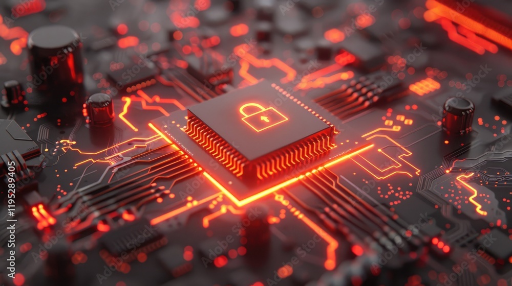 Poster secure chip on circuit board with red glow and lock symbol design