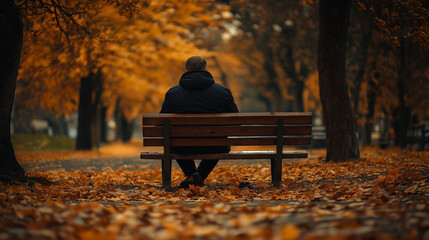 A man sitting alone on a park bench in autumn