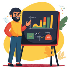 Cartoon illustration of a character presenting a graph