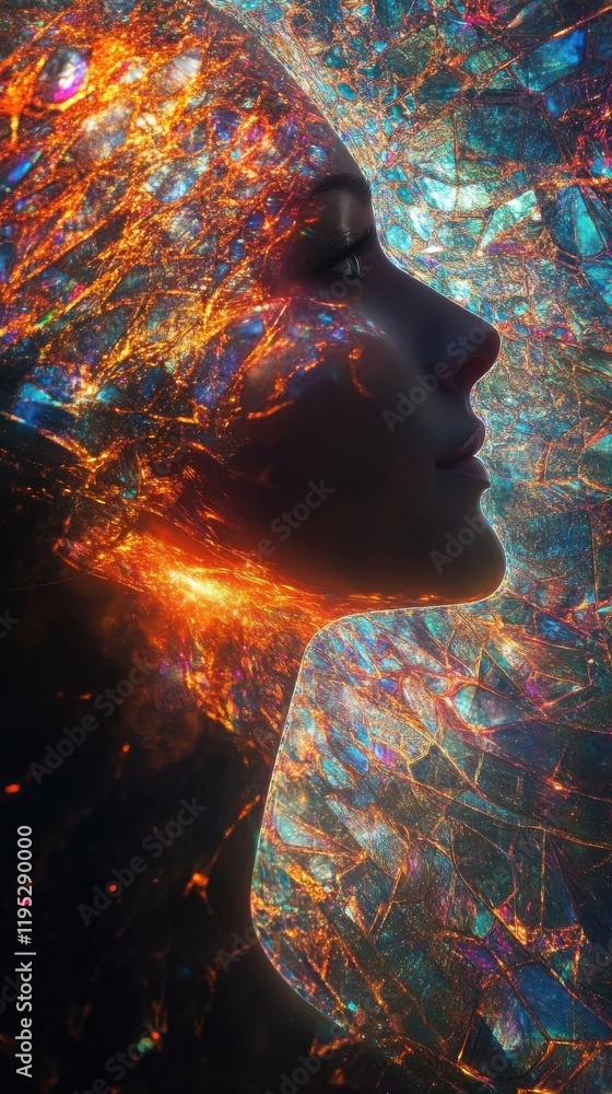 Fototapete surreal representation of a glowing woman surrounded by vibrant colors and intricate patterns at twi