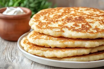 Delicious potato pancakes with sour cream and herbs on rustic wooden table