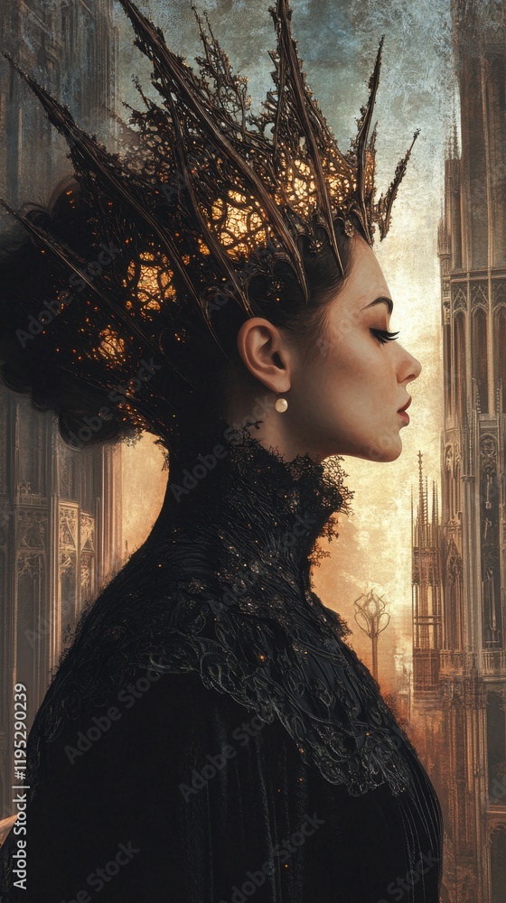 Poster surreal representation of a glowing woman with intricate headpiece in an ethereal setting at twiligh