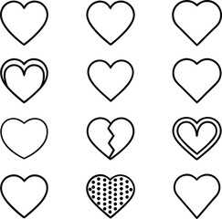Twelve Simple Line Art Heart Icons Love, Romance, Affection, Design Elements