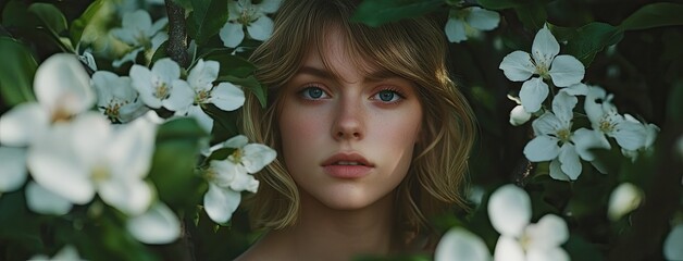 an elegant woman in the midst of blooming apple trees, with white blossoms framing her face and hair.