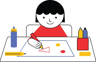 Happy Child Drawing Colorful Shapes with Art Supplies