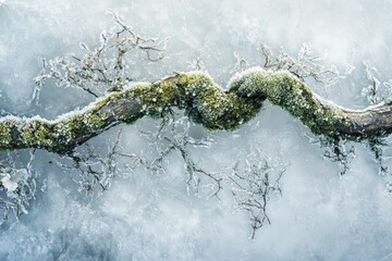 Frozen mossy branch, icy surface, winter scene.