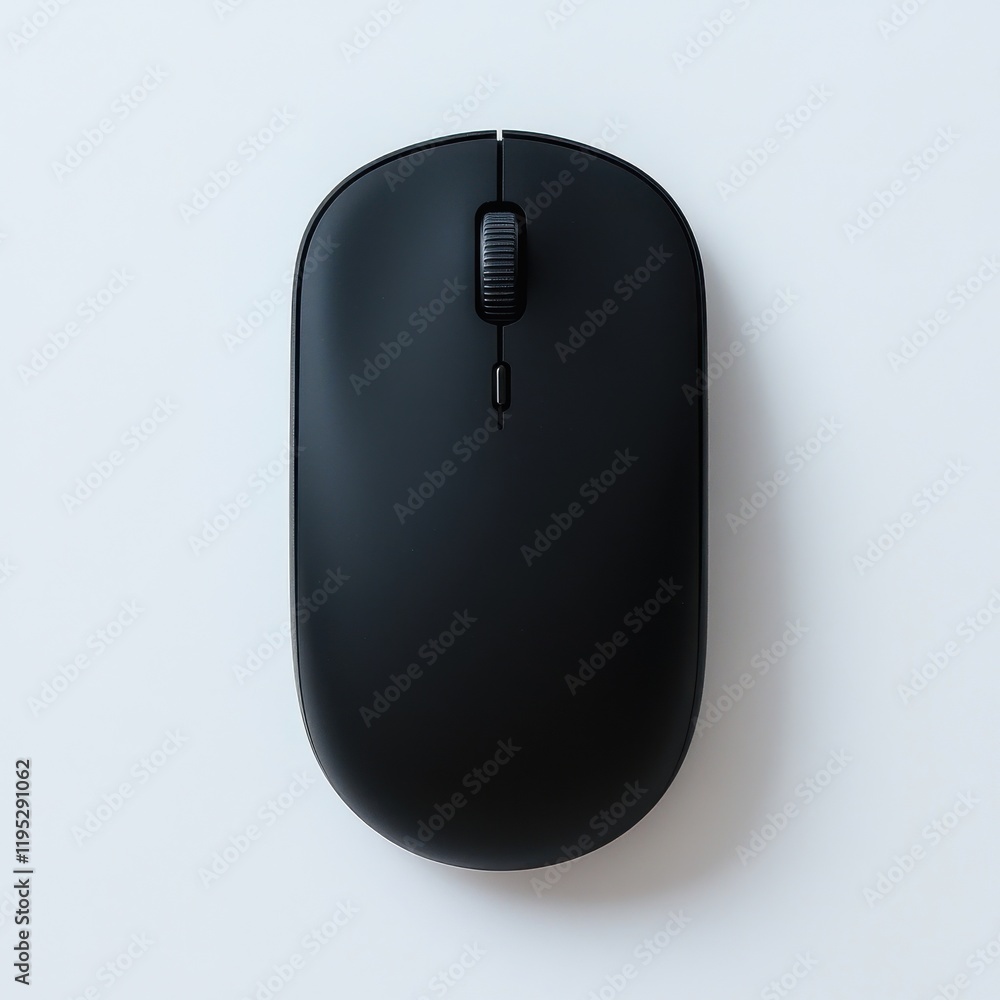 Poster sleek black wireless computer mouse resting on a minimalist surface for modern workspace aesthetics