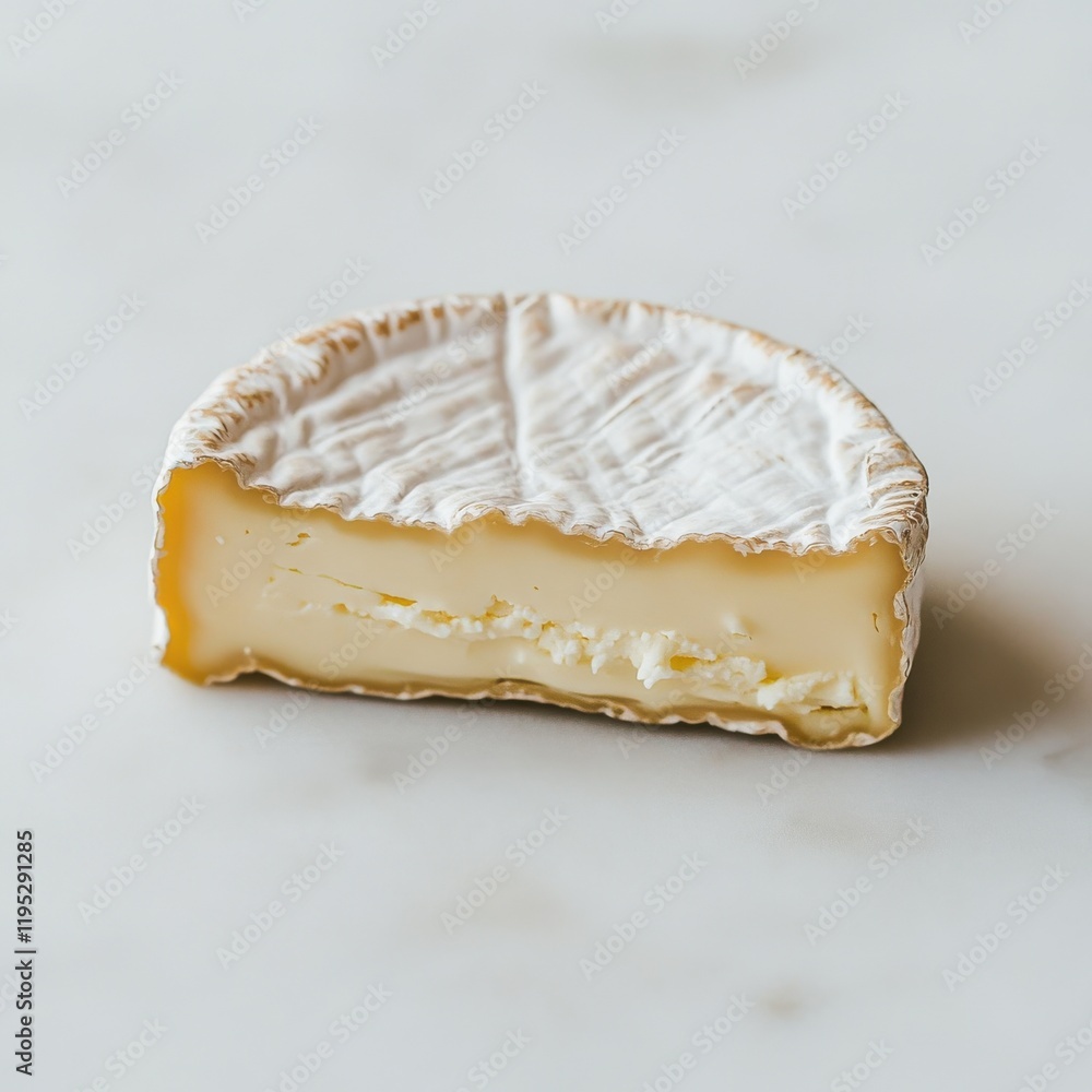 Poster creamy brie cheese slice on a marble surface showcasing its smooth texture and delicate rind