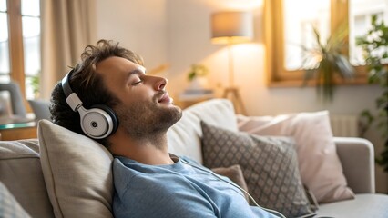 Fototapeta premium Man enjoying music through headphones while relaxing on a comfortable sofa in a cozy living room