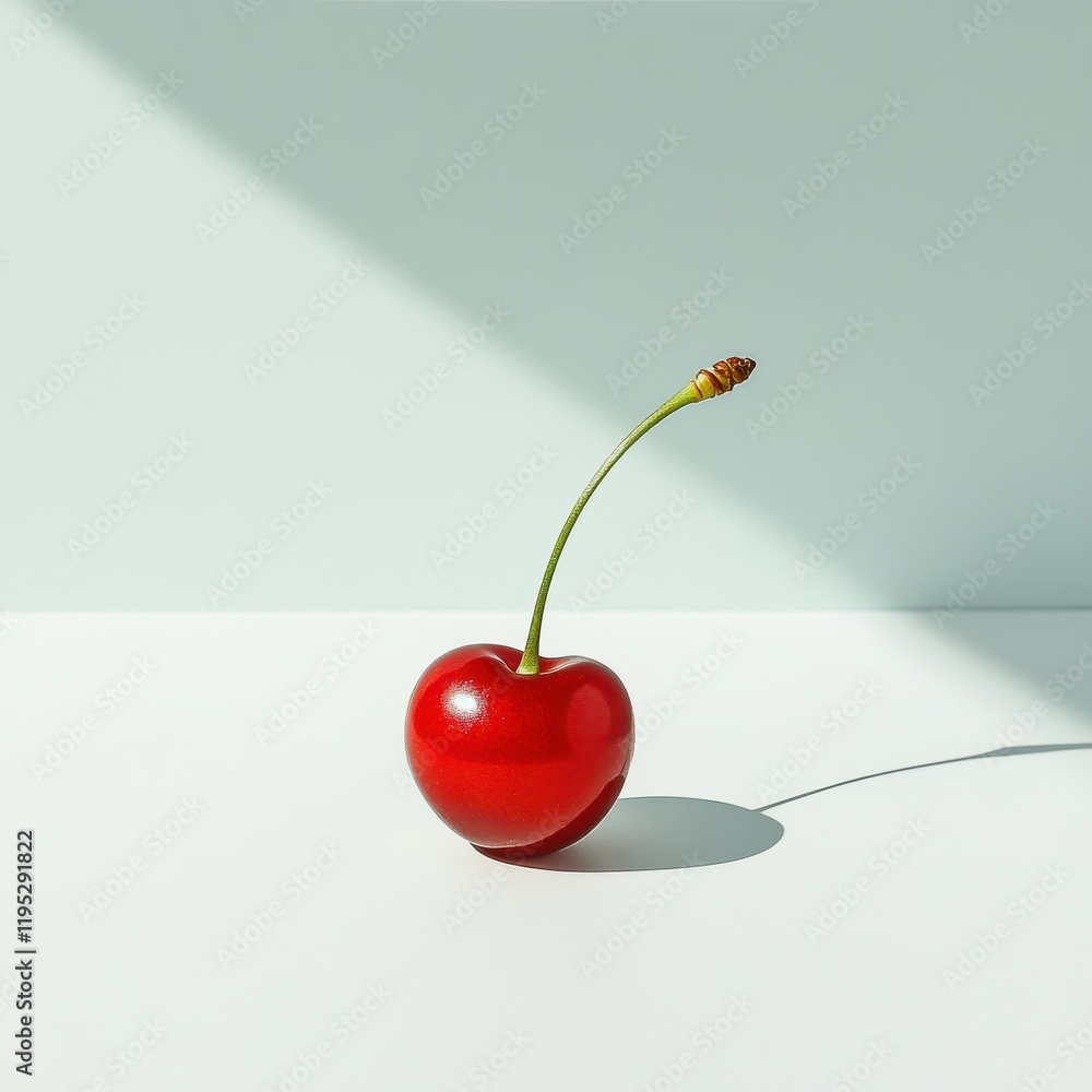 Poster fresh glossy red cherry standing alone on a clean surface with a soft shadow in natural light