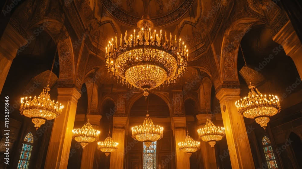 Poster interior of a grand structure with multiple large chandeliers illuminating the space