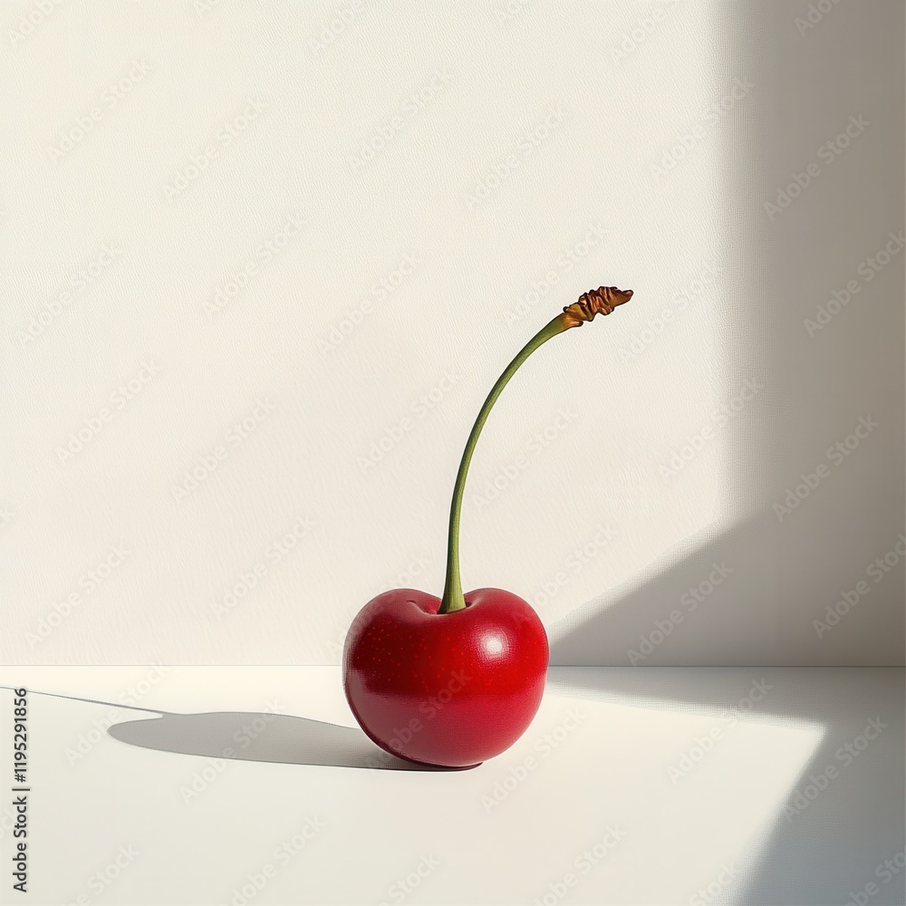 Poster fresh glossy red cherry resting on a white surface with soft shadow in natural light