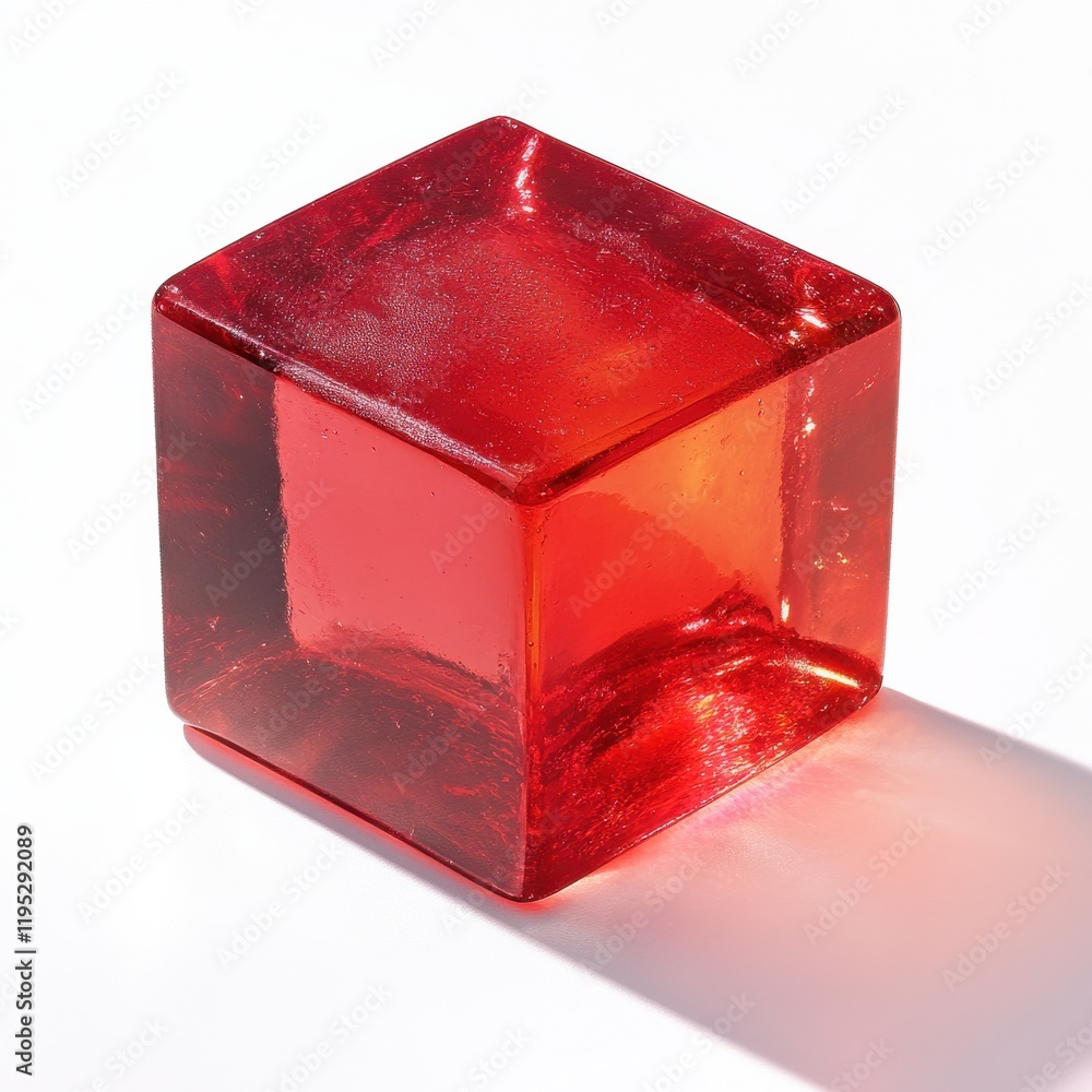 Aufkleber shiny red cube of gelatin dessert casting a soft shadow on a bright surface