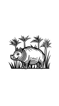 black and white line art illustration depicts a hoglike creature amidst tall grasses and palmlike plants The style is reminiscent of vintage woodblock prints The animal appears content and calm