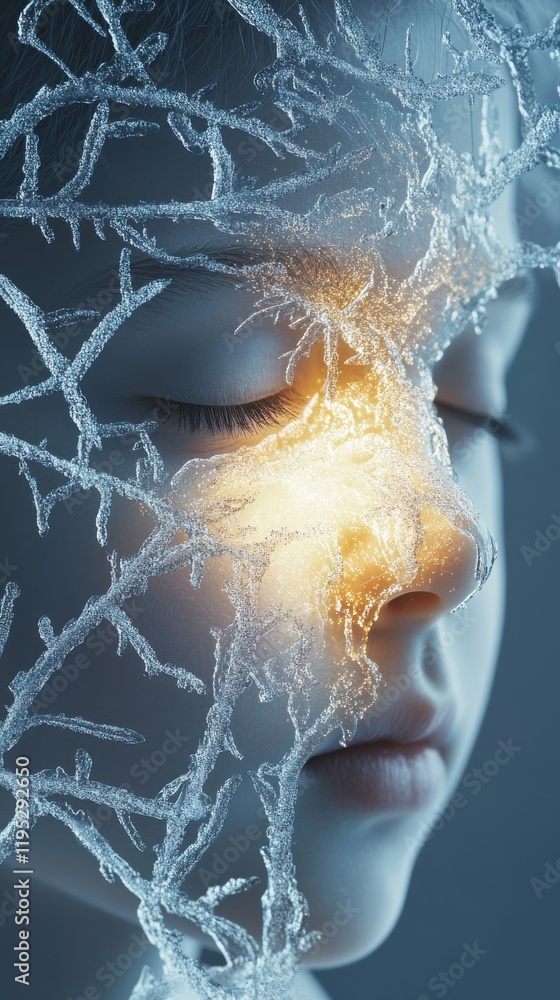 Aufkleber serene visualization of a child's face illuminated by ethereal frost patterns during a mystical twil