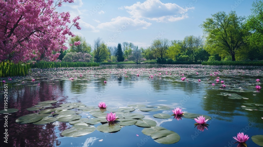 Poster serene spring pond adorned with vibrant lily pads and blooming cherry trees in full bloom