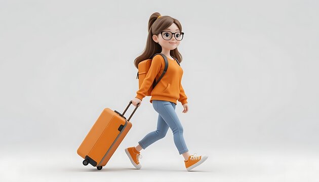 Girl Traveling with Orange Suitcase Cartoon Illustration