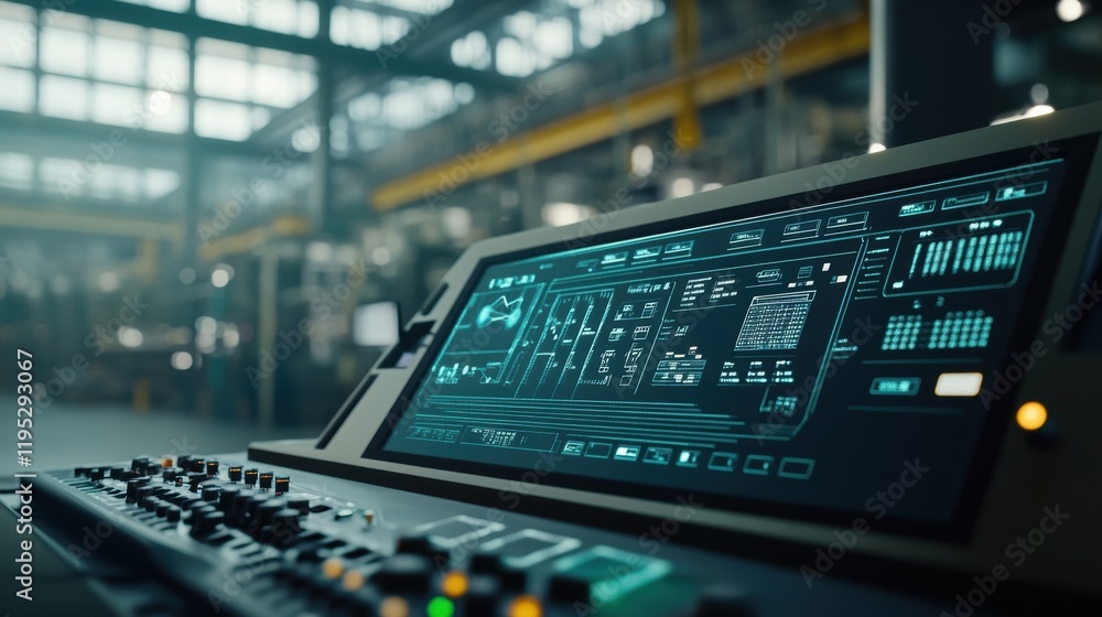 Poster a closeup of a virtual control panel used for monitoring and managing production processes overlaid 
