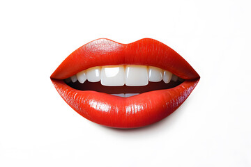 Close up red lips smiling mouth collage element isolated on white background