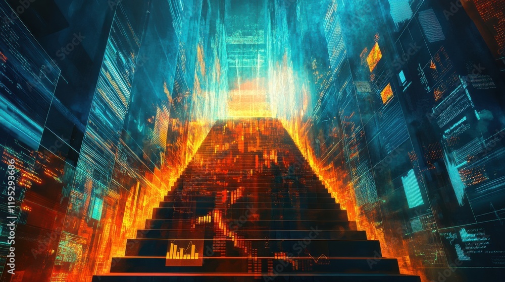 Poster Conceptual visualization of a digital ascent with glowing data patterns and cascading light effects