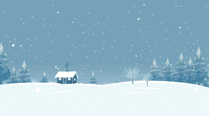A minimalist winter landscape featuring a lone cabin amidst snow-covered trees, providing a serene background with open space for text