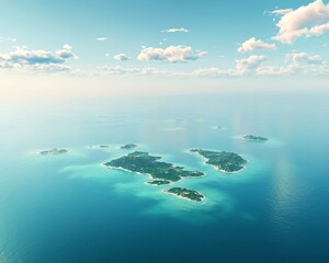 An island chain in the middle of a calm sea, with emerald waters and scattered clouds