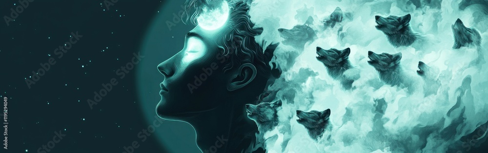 Aufkleber mystical profile of a man with wolf imagery and ethereal elements