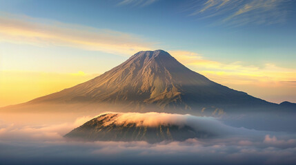 A mountain peak surrounded by mist at sunrise, with the top of the image clear for text placement against the soft gradient sky