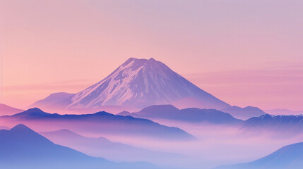 Fototapeta premium A mountain peak surrounded by mist at sunrise, with the top of the image clear for text placement against the soft gradient sky