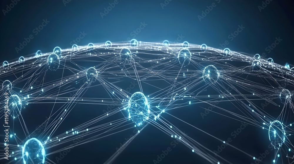 Poster abstract digital network concept; glowing nodes connected by lines on a dark background, representin