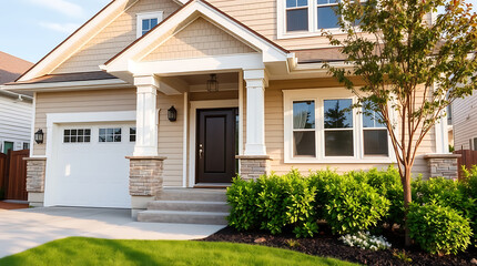 Fototapeta premium Modern Suburban House Exterior: Dream Home Design and Architecture. Beautiful Landscaping and Garden. Real Estate Property