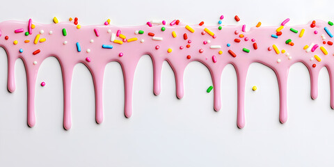 Pink cream with colorful sprinkles dripping down from top , isolated on white background