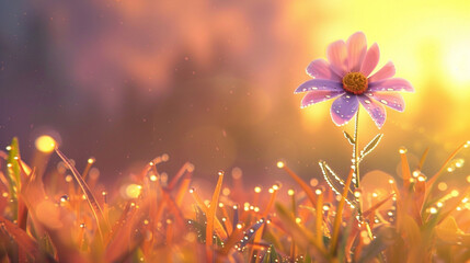 A quiet meadow covered in dewdrops at dawn, with a single, vibrant wildflower standing sharply in focus against a blurred golden backdrop
