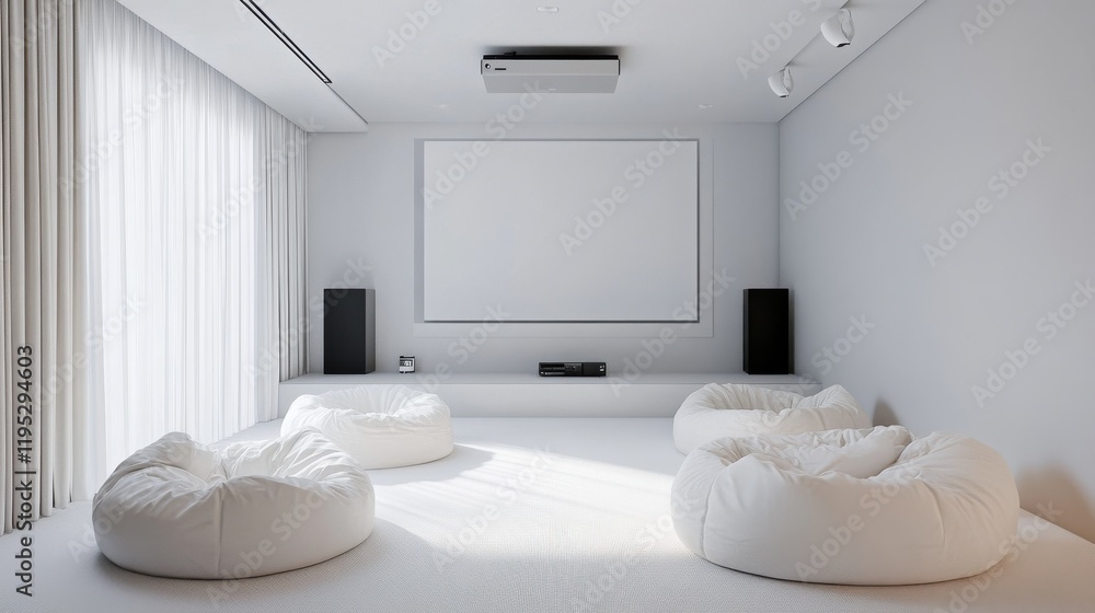 Poster minimalist media room featuring comfortable seating and clean design for a modern entertainment expe