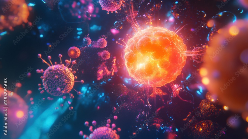 Poster Glowing cell illuminated in a hostile environment filled with aggressive viruses and pathogens. Generative AI