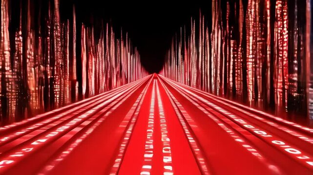Red binary code data stream flowing into a bright light at the end of a digital highway.