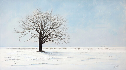 Fototapeta premium A serene winter landscape featuring a lone bare tree in a vast snow-covered field, under a pale blue sky, evoking isolation and tranquility