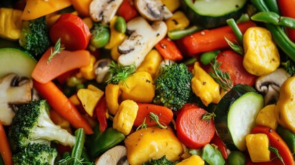 A close-up of a colorful vegetable stir-fry, featuring a variety of fresh vegetables, highlighting the benefits of plant-based meals