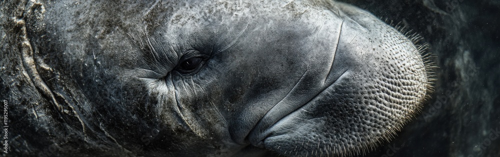 Poster Close-up view of a manatee's face showcasing its features and expressions in a serene underwater environment