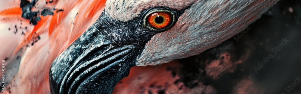 Poster Detailed view of a flamingo's face showcasing vibrant colors and unique features in a natural setting