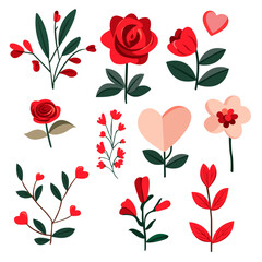 Vector Collection of Valentine Stickers Featuring Roses, Leaves, and Heart Shapes