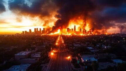 Fototapeta premium Cityscape Inferno - A city engulfed in flames at sunset, a dramatic and apocalyptic scene. Burning buildings and smoke fill the sky.