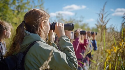High school biology class explores nature while conducting field observations in a local area during a sunny day