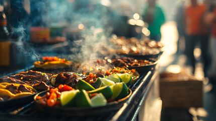 A street food scene with a vibrant taco stand serving fresh tacos filled with grilled meats salsa and lime wedges.